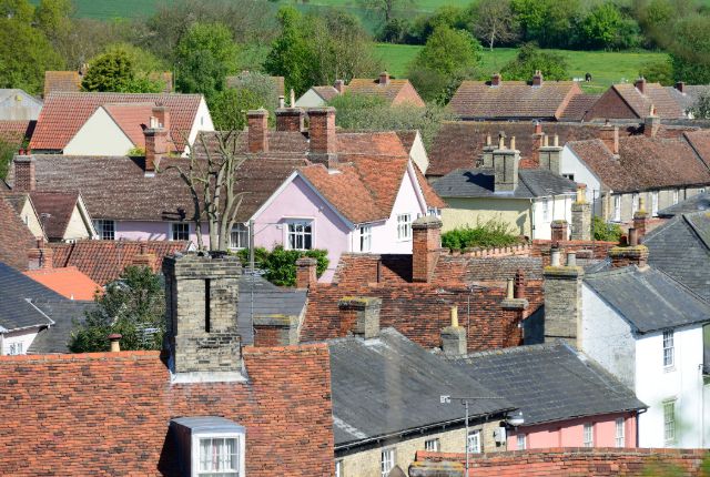 Overlooking neighbourhood of houses with chimneys