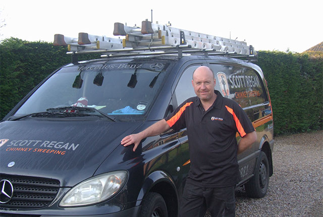scott regan chimney sweeping van covered in snow